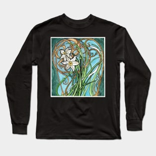 Two Daffodils and Branches Painting in Art Nouveau Style Long Sleeve T-Shirt